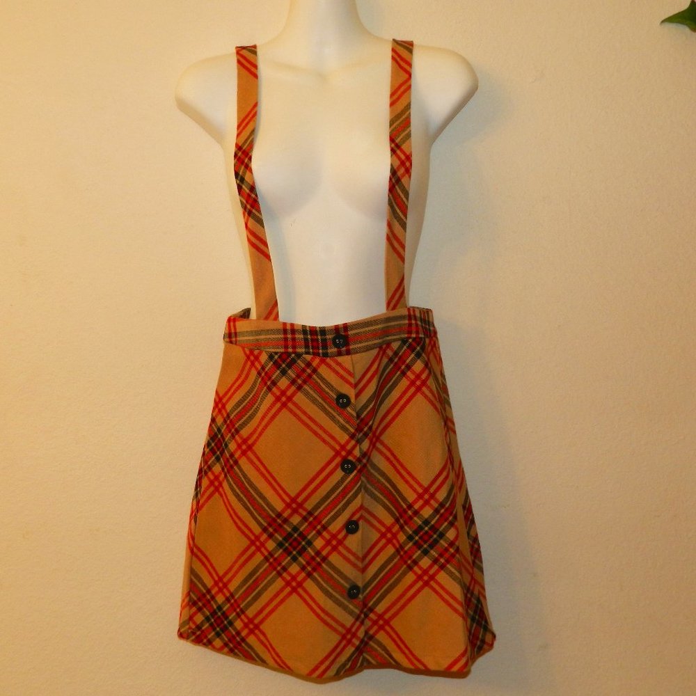 Camel, black, red button front skirt jumper with adjustable length suspenders
